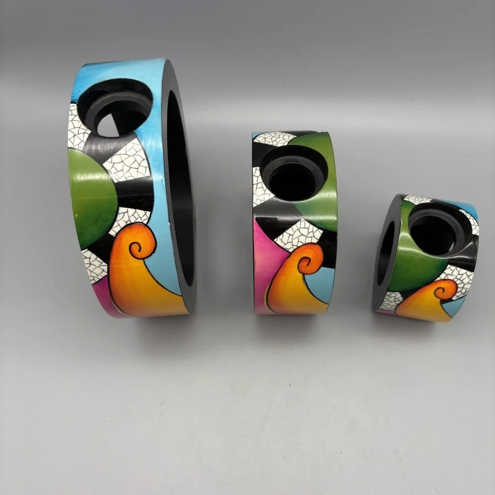 Art Deco Tea Light Candle Holders‎ Bright Colors Abstract Design Stackable